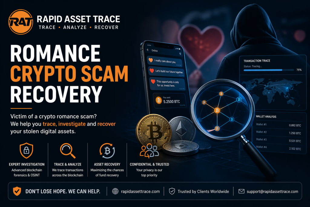 Romance crypto scam recovery service by Rapid Asset Trace helping victims trace and recover stolen funds