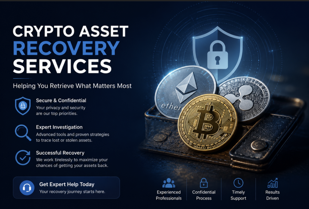 Professional crypto asset recovery services banner featuring Bitcoin, Ethereum, and Ripple coins with cybersecurity shield graphics and secure recovery messaging.