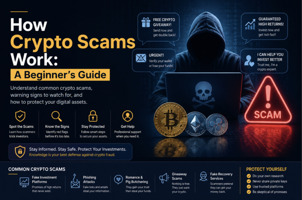 Cybersecurity-themed infographic explaining how crypto scams work, featuring a hooded hacker, cryptocurrency symbols, scam warning signs, and beginner safety tips for protecting digital assets.