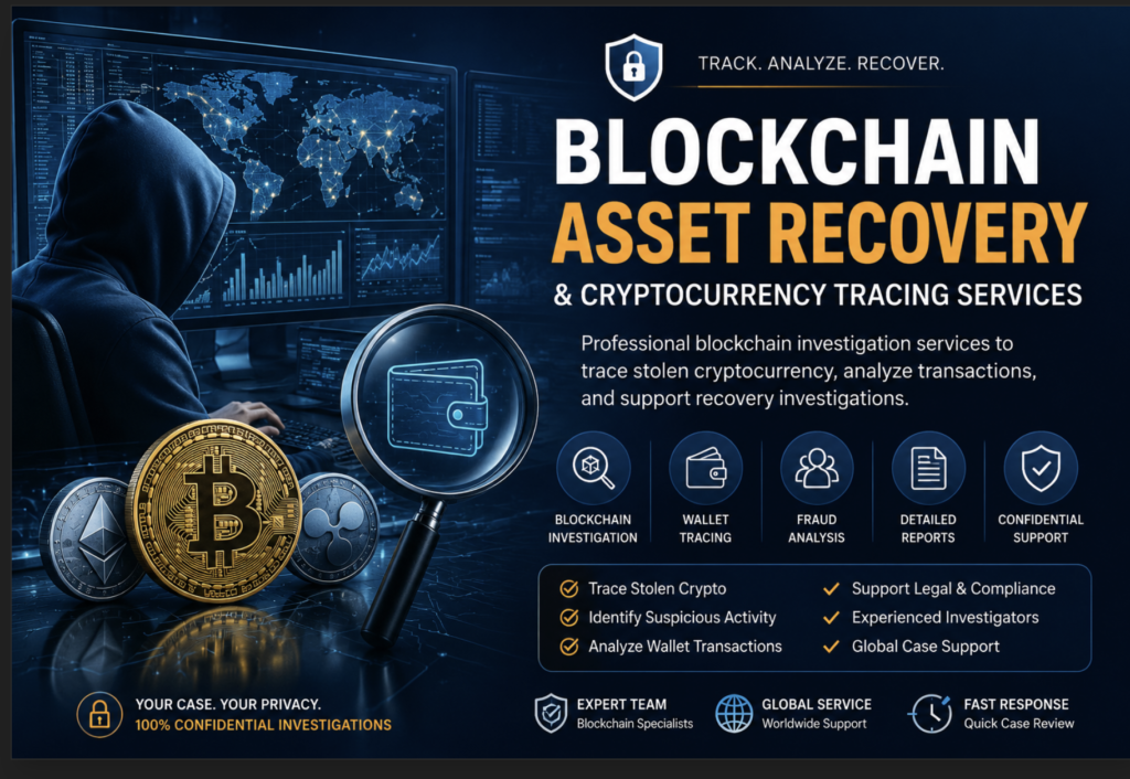 Blockchain asset recovery and cryptocurrency tracing services banner showing blockchain investigation, wallet tracing, fraud analysis, and digital asset recovery support.