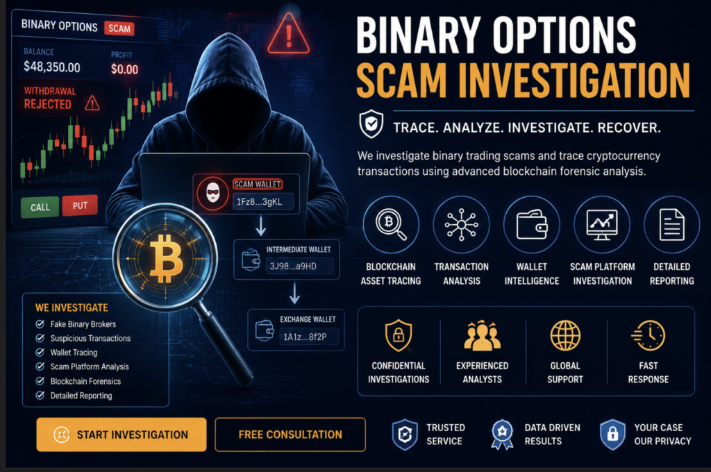 Binary options scam investigation banner showing cryptocurrency fraud analysis, blockchain tracing, suspicious wallet tracking, and digital forensic investigation services.