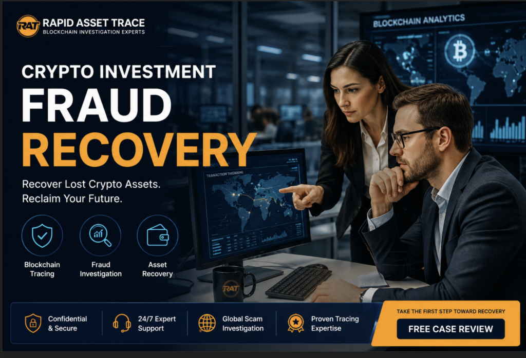 Crypto investment fraud recovery specialists investigating blockchain transactions and tracing stolen cryptocurrency assets