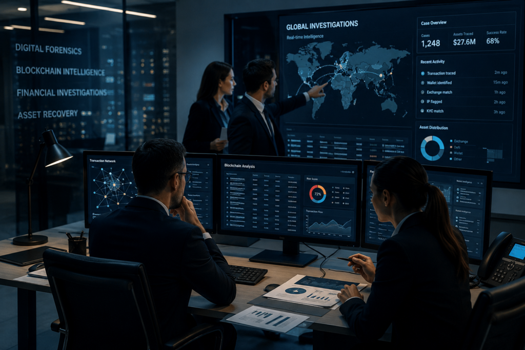 Professional investigators conducting cryptocurrency tracing, digital forensics, blockchain analysis, online scam investigations, and asset recovery at Rapid Asset Trace.